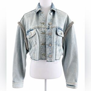 Sandro Rhinestone Trim Cropped Denim Jacket Size 34 Light Wash